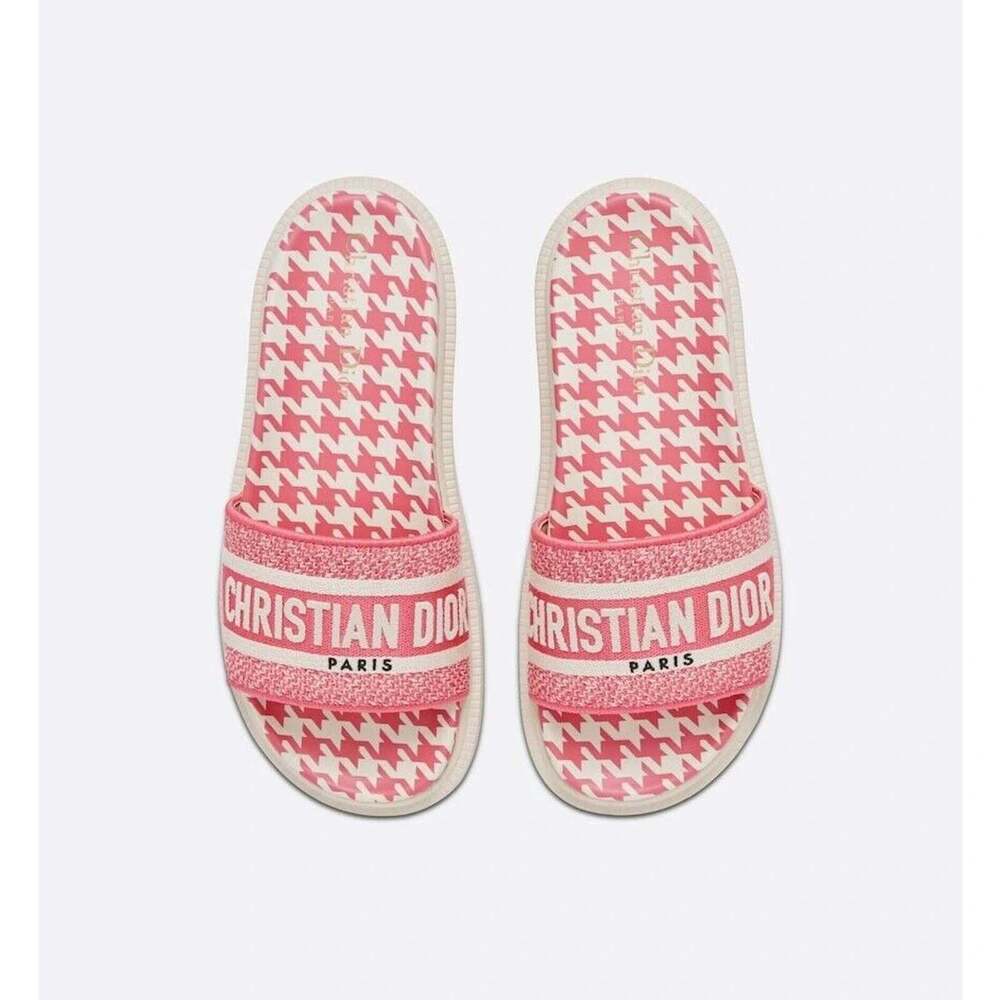 Christian Dior Dway Pink White Logo Houndstooth Slide Mule Flat Sandal 37.5 - Picture 6 of 12